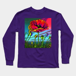 Retro Graphic Novel Style Field of Red Poppies (MD23Mrl015) Long Sleeve T-Shirt